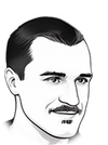 Portrait au trait, noir et blanc, d'Øljen – cheveux courts et fine moustache, la signature dessinée du site