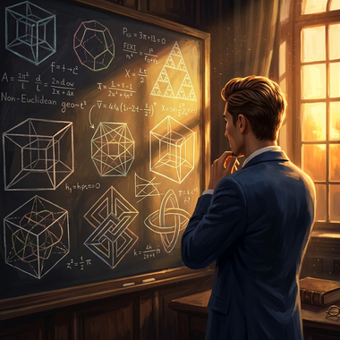 Achille, de dos et pensif devant un tableau noir couvert de polyèdres, de cubes en perspective et de formules de géométrie