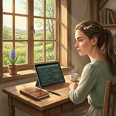 Agathe travaille les mathématiques sur sa tablette, assise à son bureau de bois, devant une fenêtre ouverte sur la campagne fleurie
