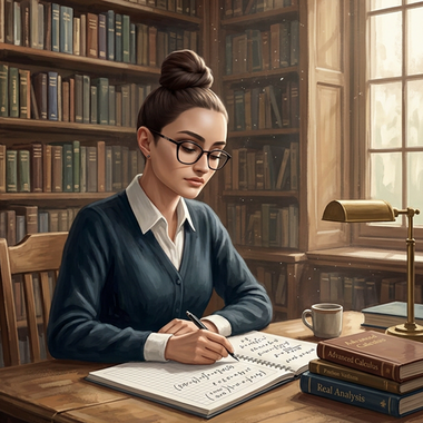 Ambre, concentrée sur son travail, assise à une table de bibliothèque sur laquelle s'empilent des livres de mathématiques
