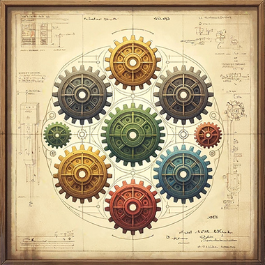 Planche technique d'engrenages colorés entrelacés, symbolisant l'enchaînement des raisonnements dans la formation Cogito Ergo Sum