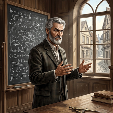 Foulques d'Anjou, en veste de tweed, donne cours devant un tableau noir et un mur de formules mathématiques