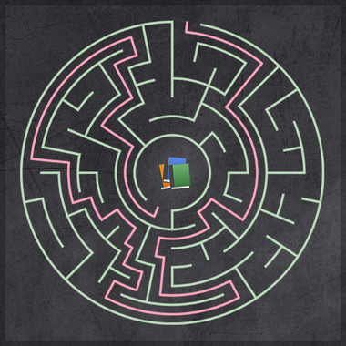 Labyrinthe circulaire tracé à la craie, des livres de cours en son centre : trouver le chemin du cours jusqu'à la solution dans Dedalus Fecit