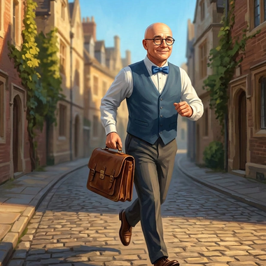 Marcel court dans une rue pavée ensoleillée, sa serviette de cuir à la main, pour aller donner cours