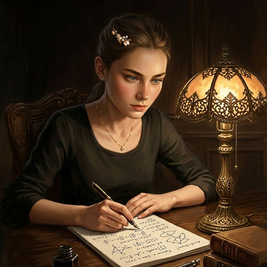 Agathe écrivant à la plume sous la lampe, la nuit, ses feuilles couvertes de mathématiques et l'encrier posé à côté